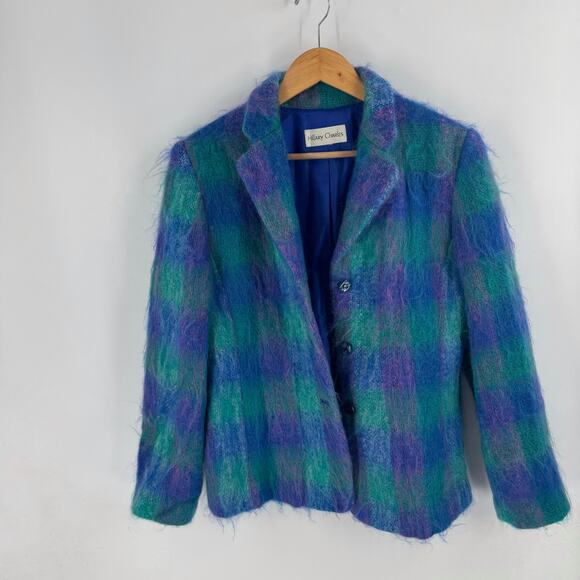 Vintage Hillary Charles Mohair Wool Blend Plaid Jacket Blue Green USA Made - Picture 7 of 10